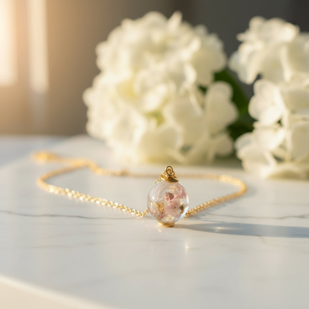 Memorial Necklace with Pendant for Ashes Hair Flowers - Gold or Silver Sphere UK