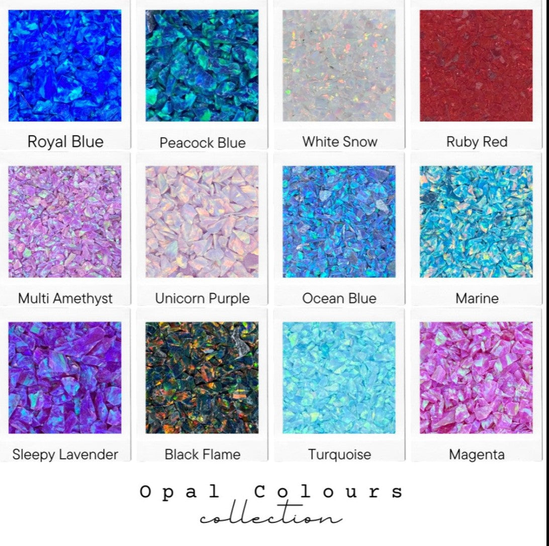 Opal Colours Collection with various glittery textures and names.