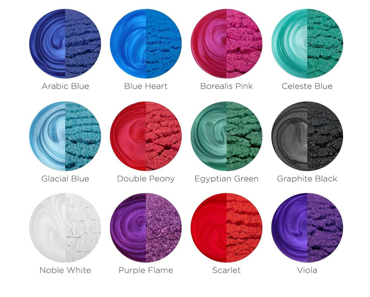 Color swatches labeled with names such as Arabic Blue, Blue Heart, Borealis Pink, Celeste Blue, Glacial Blue, Double Peony, Egyptian Green, Graphite Black, Noble White, Purple Flame, Scarlet, and Viola.
