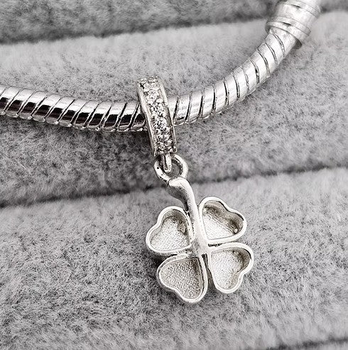 Four Leaf Clover Dangle CZ 925 Silver Memorial Charm – Ashes, Hair & Fur Memorial Keepsake | Charm Only – Bracelet Chain Not Included