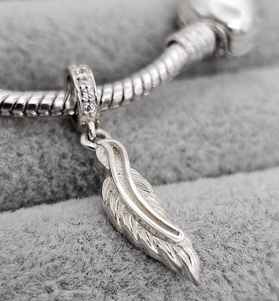925 Silver CZ Feather Dangle Memorial Charm – Ashes, Hair & Fur Memorial Keepsake | Charm Only – Bracelet Chain Not Included