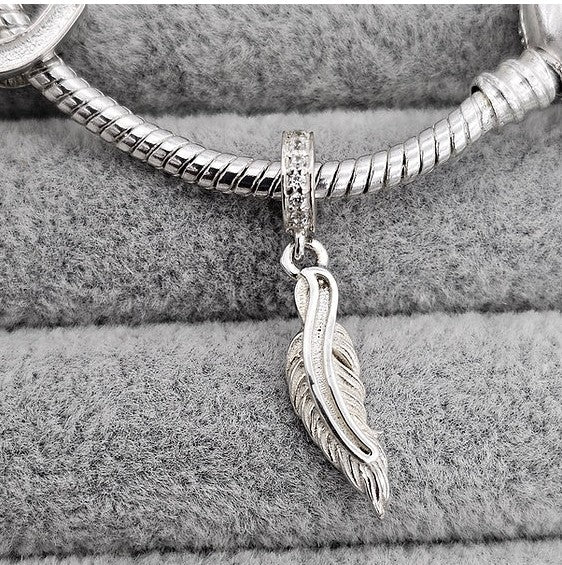 925 Silver CZ Feather Dangle Memorial Charm – Ashes, Hair & Fur Memorial Keepsake | Charm Only – Bracelet Chain Not Included
