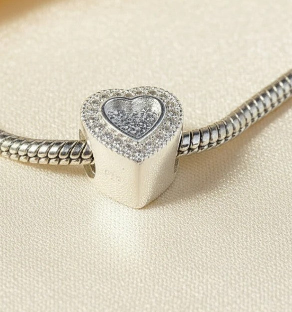 Solid Silver Heart CZ Halo Bead 925 Silver Memorial Charm – Ashes, Hair & Fur Memorial Keepsake | Charm Only – Bracelet Chain Not Included