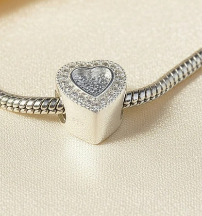 Solid Silver Heart CZ Halo Bead 925 Silver Memorial Charm – Ashes, Hair & Fur Memorial Keepsake | Charm Only – Bracelet Chain Not Included