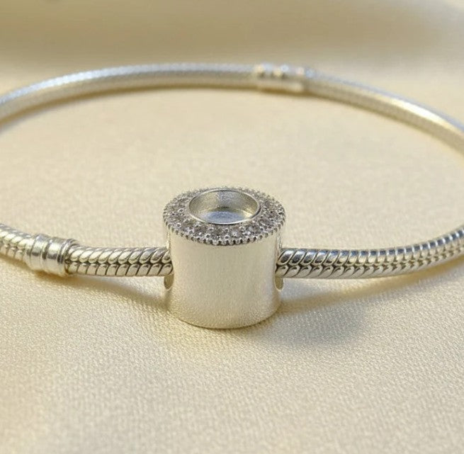 Silver CZ Surround Cylindrical Bead 925 Silver Memorial Charm – Ashes, Hair & Fur Memorial Keepsake | Charm Only – Bracelet Chain Not Included