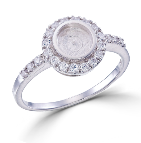 Round CZ Halo Memorial Ring | 925 Sterling Silver | CZ Halo & Shoulders | Ashes, Hair & Fur Keepsake