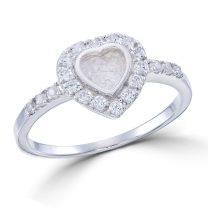 Heart CZ Halo Memorial Ring | 925 Sterling Silver | CZ Halo & Shoulders | Ashes, Hair & Fur Keepsake