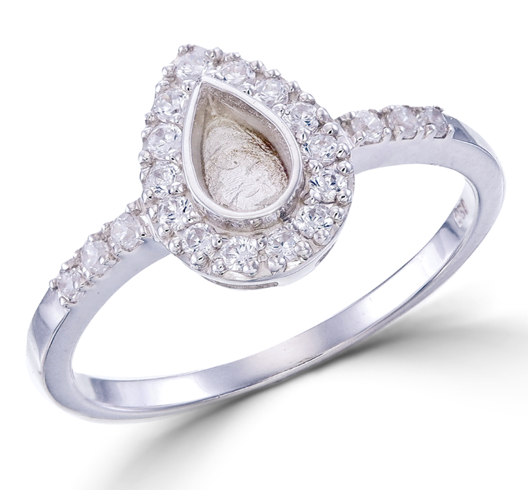Pear CZ Halo Memorial Ring | 925 Sterling Silver | CZ Halo & Shoulders | Ashes, Hair & Fur Keepsake