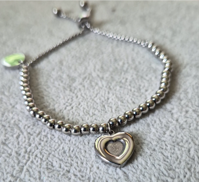 Beaded Bubble Heart Adjustable Bracelet | Stainless Steel | Ashes, Hair & Fur Memorial Keepsake
