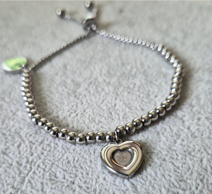 Beaded Bubble Heart Adjustable Bracelet | Stainless Steel | Ashes, Hair & Fur Memorial Keepsake