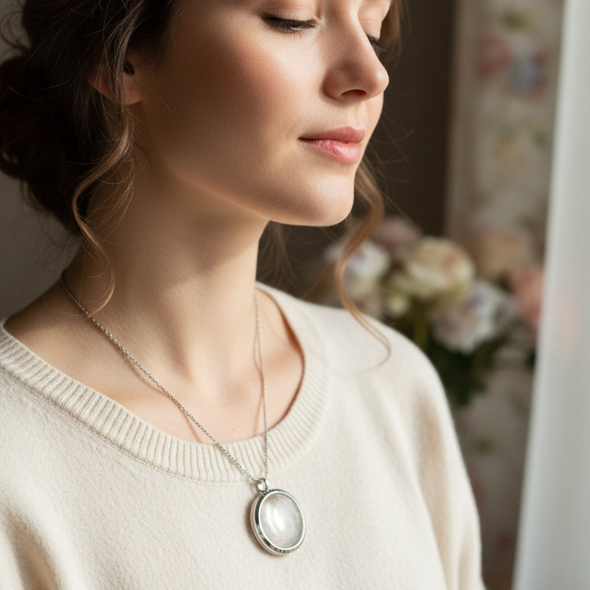 Silver pendant with feather inside held by a hand on a textured surface