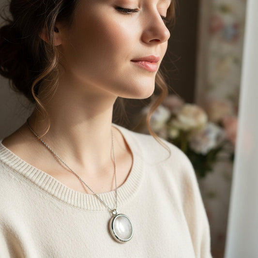 Silver pendant with feather inside held by a hand on a textured surface