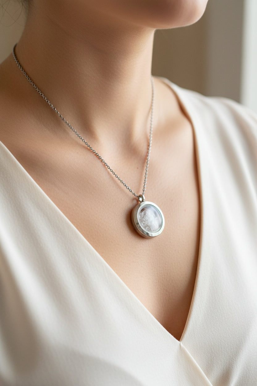 Two silver locket necklaces with engraved designs held in a hand against a blurred background.