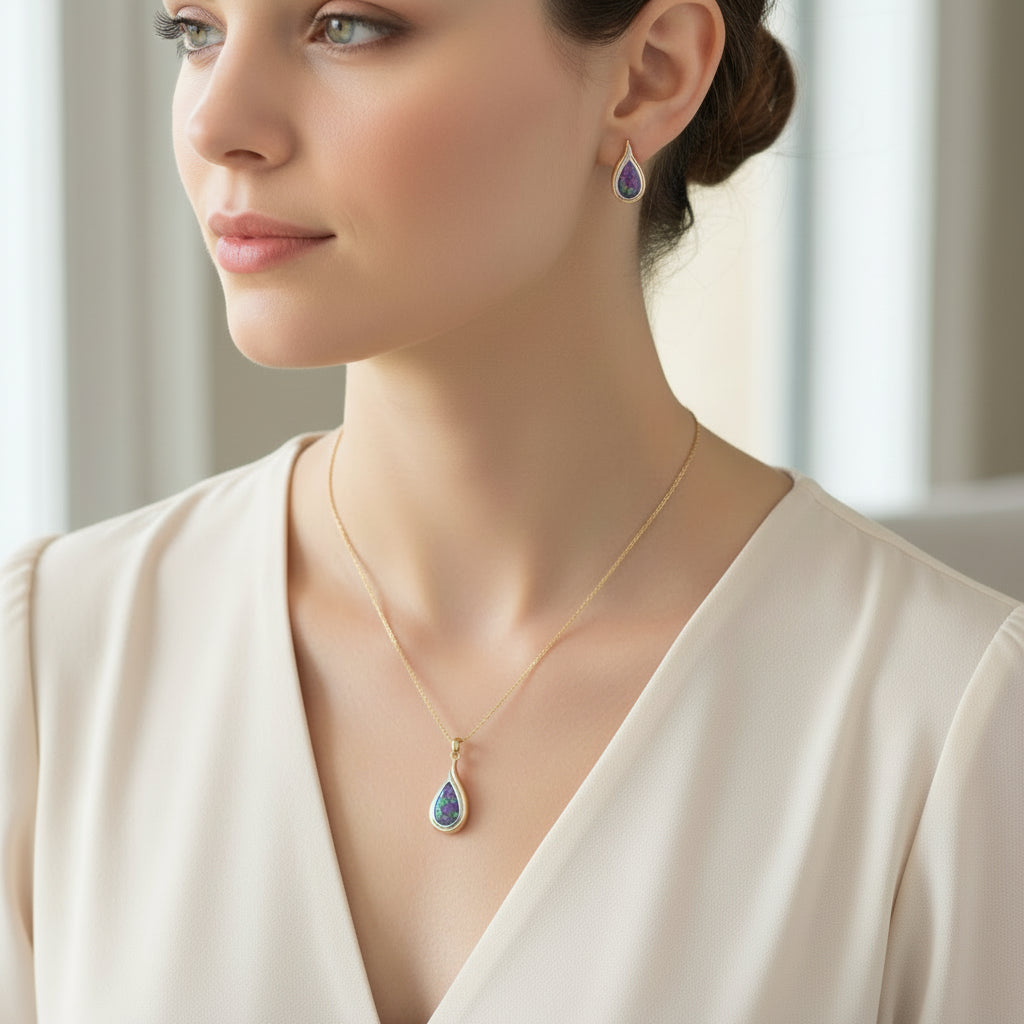 Woman wearing a gold necklace with a teardrop pendant and matching earrings.