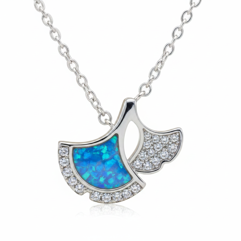 Blue opal fan pendant with chain