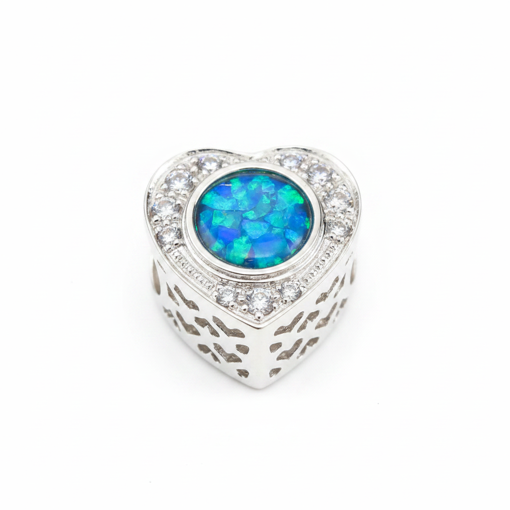 Blue opal round setting heart charm
