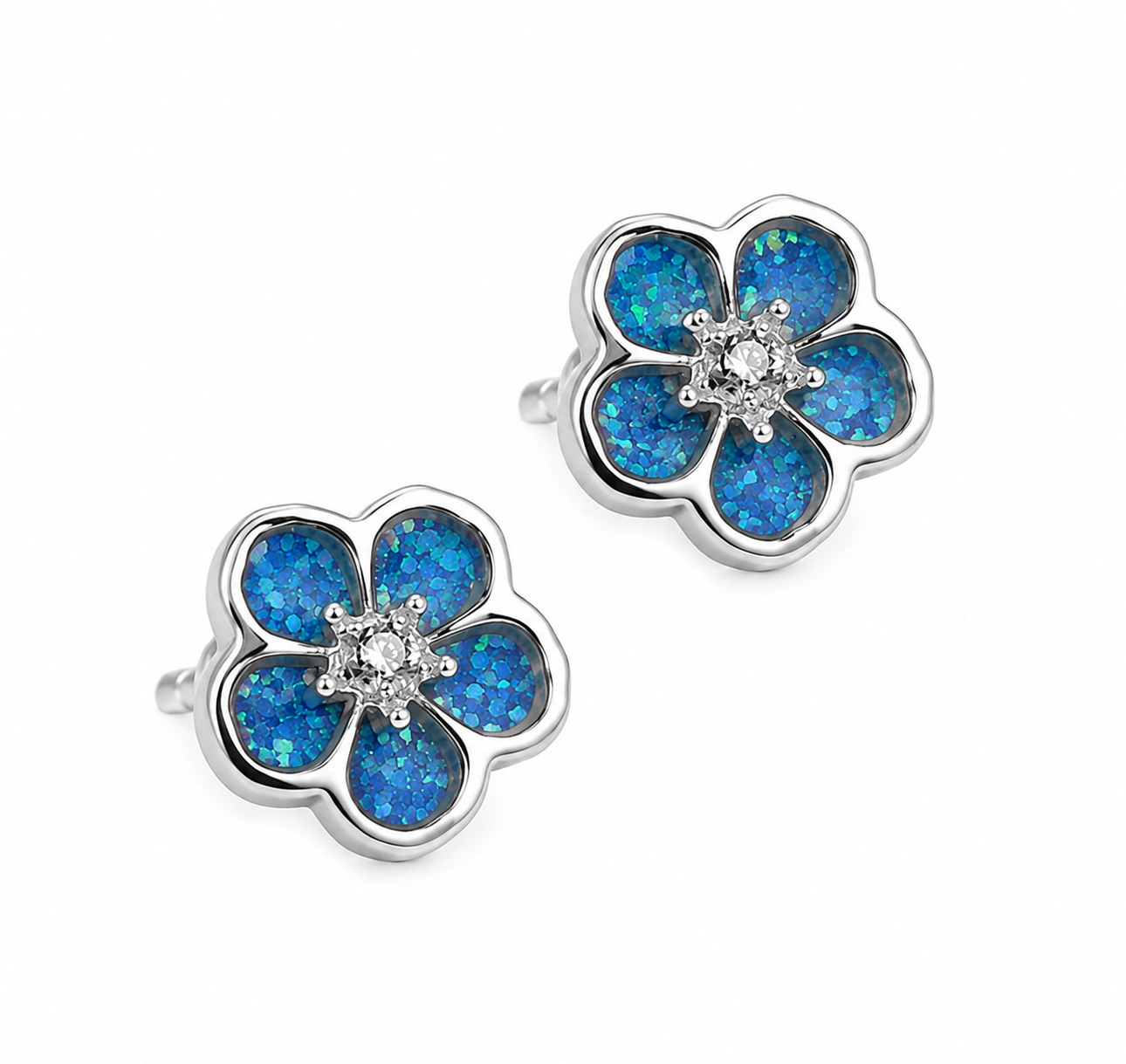 Silver 925 Forget-Me-Not Memorial Stud Earrings — Ashes, Hair, Fur & Flower Resin Keepsake