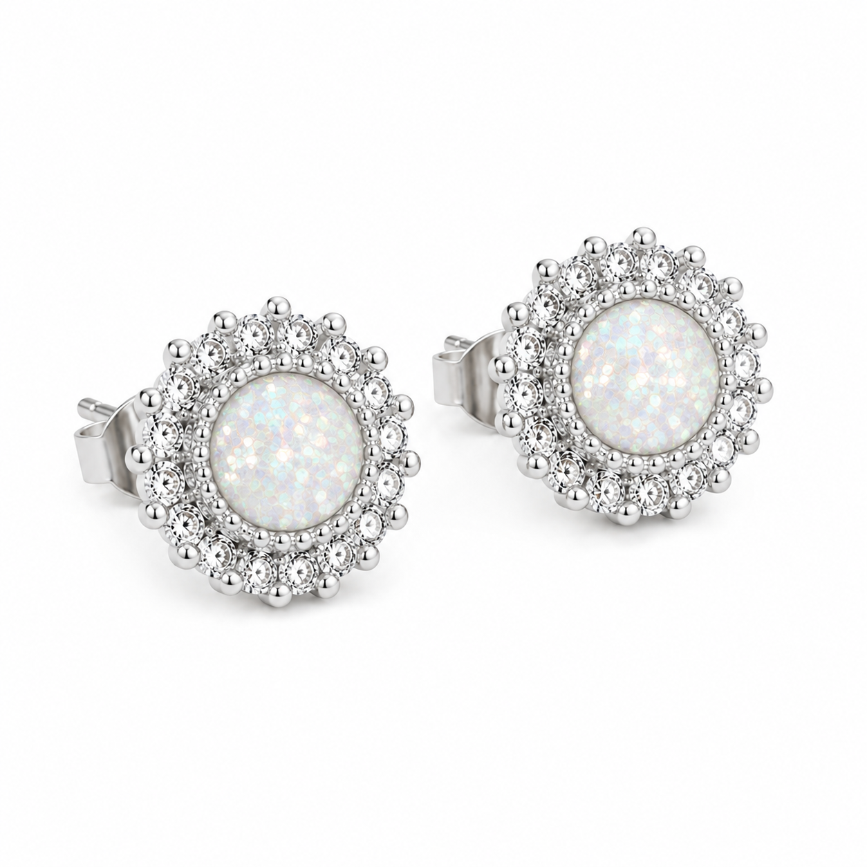 Silver 925 CZ Halo Memorial Stud Earrings — Ashes, Hair, Fur & Flower Resin Keepsake