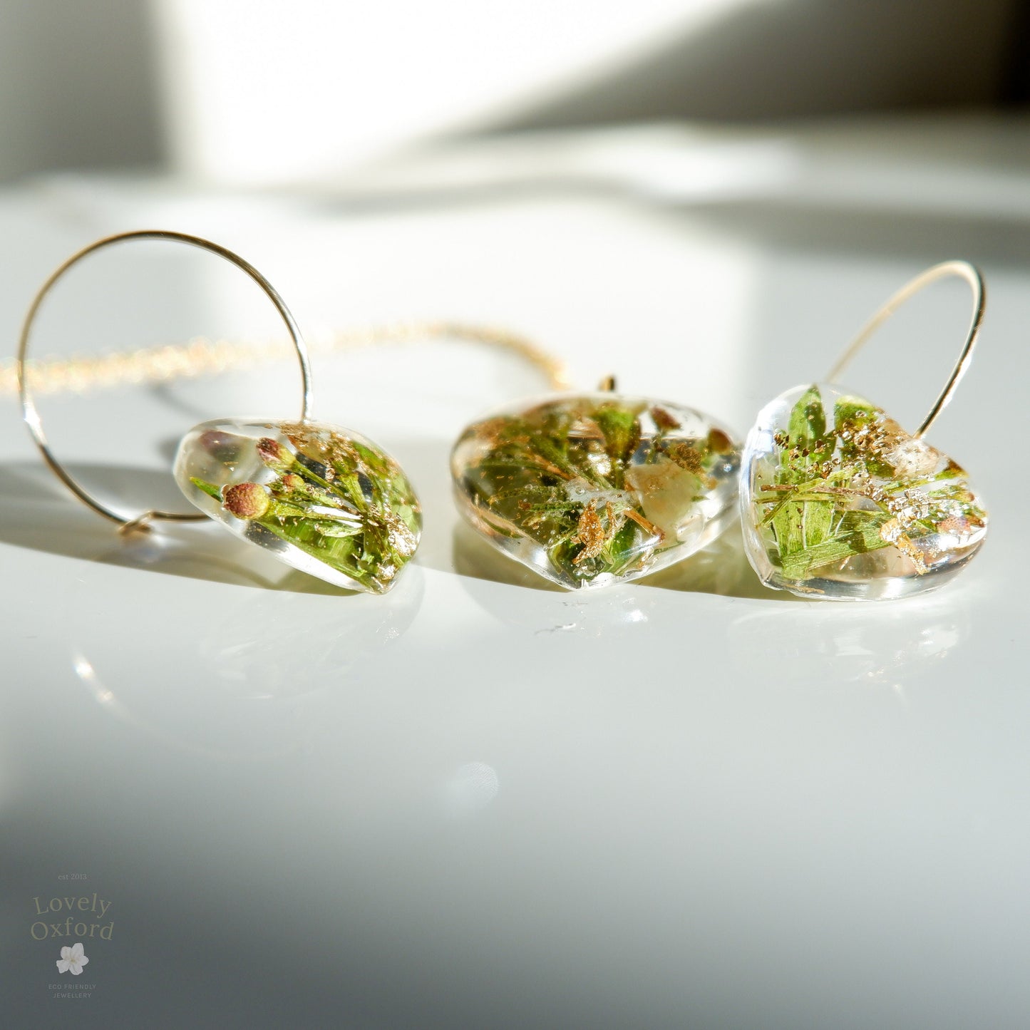 Handmade remembrance jewellery necklace and earrings for funeral flower preservation
