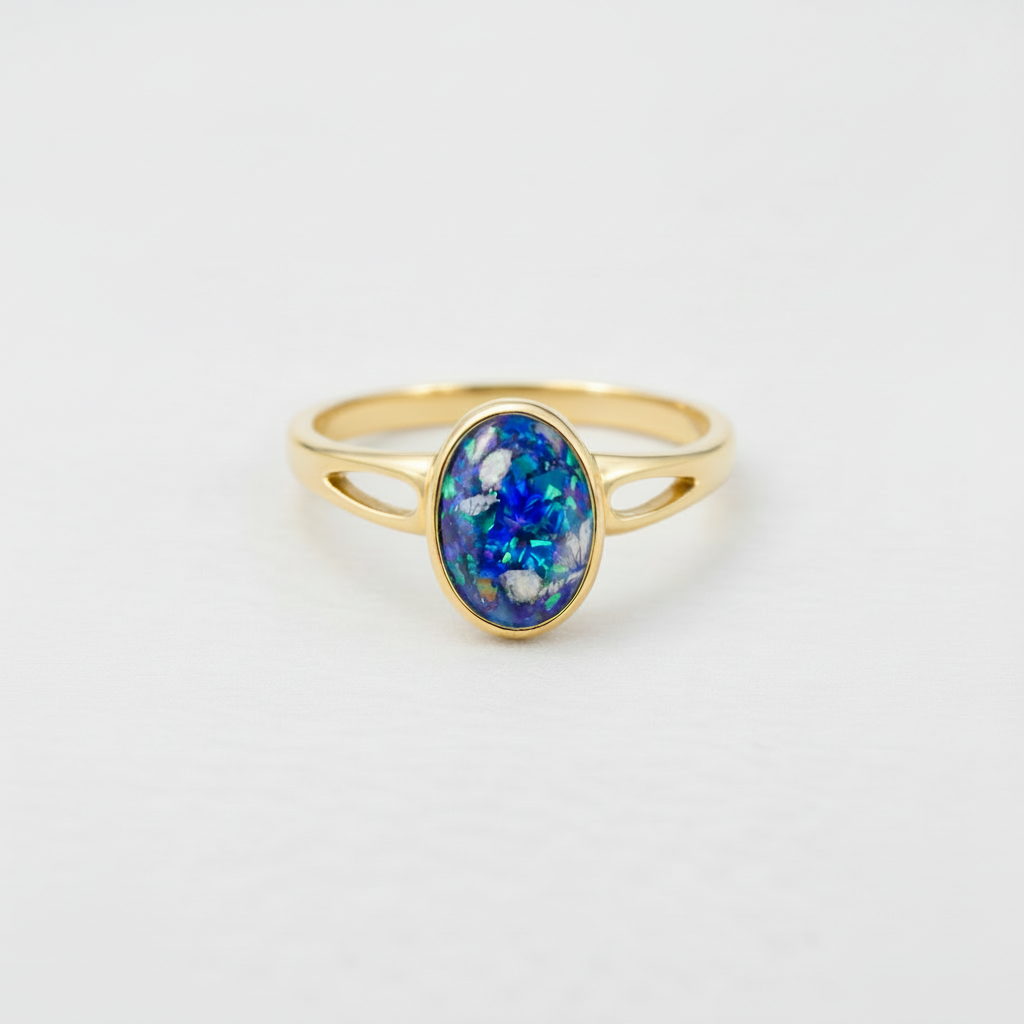 Gold ring with a blue opal stone on a light pink background