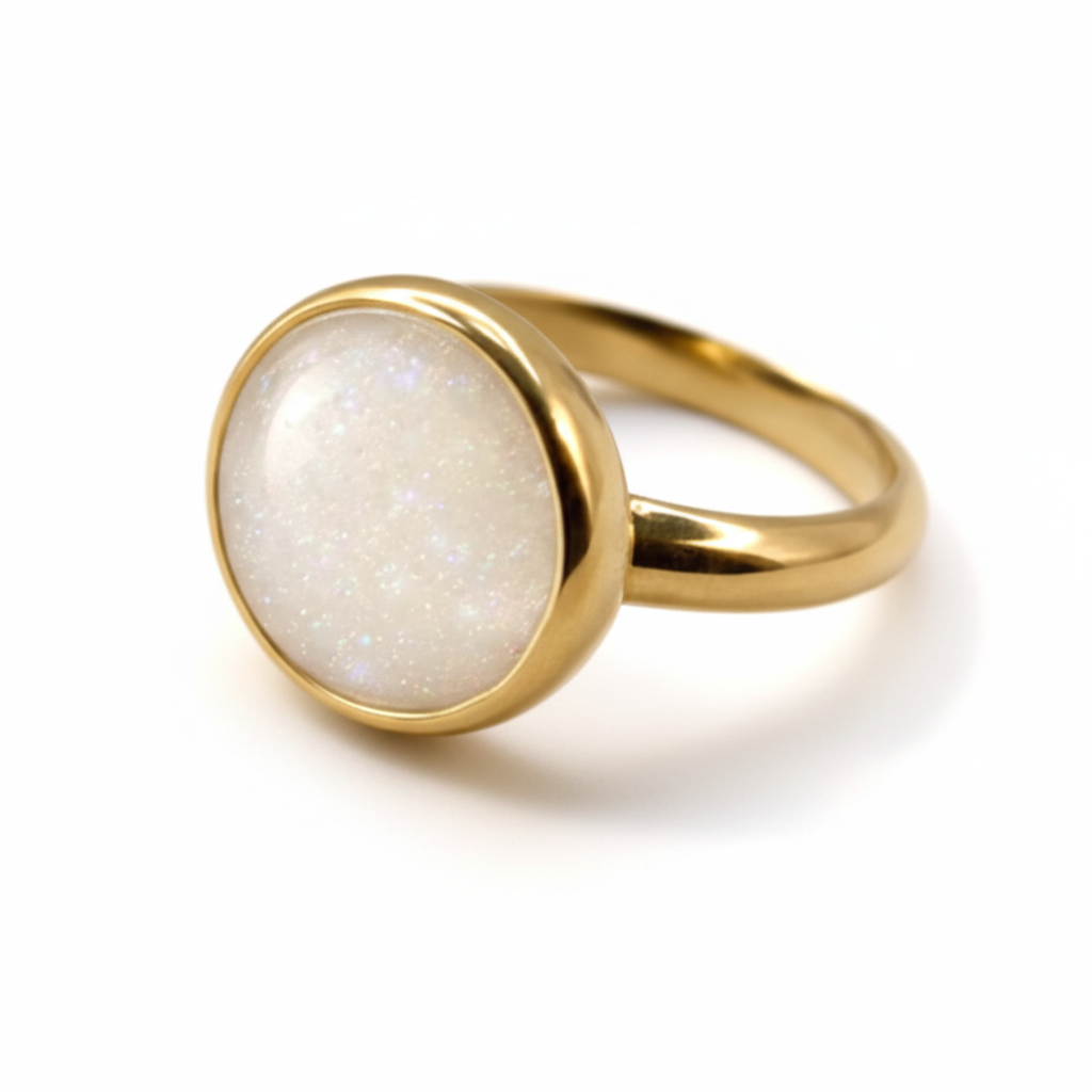 Gold ring with a white stone on a light background