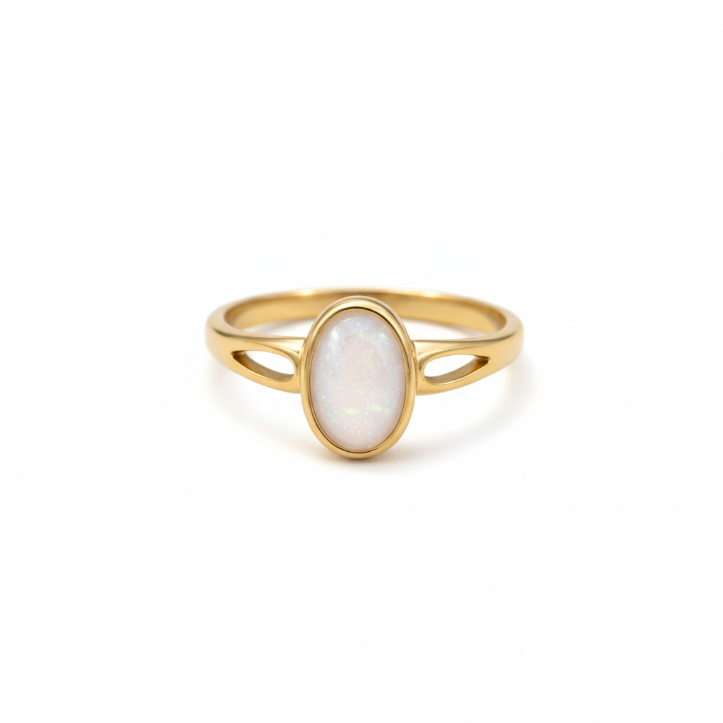 Gold ring with a white stone on a light pink background