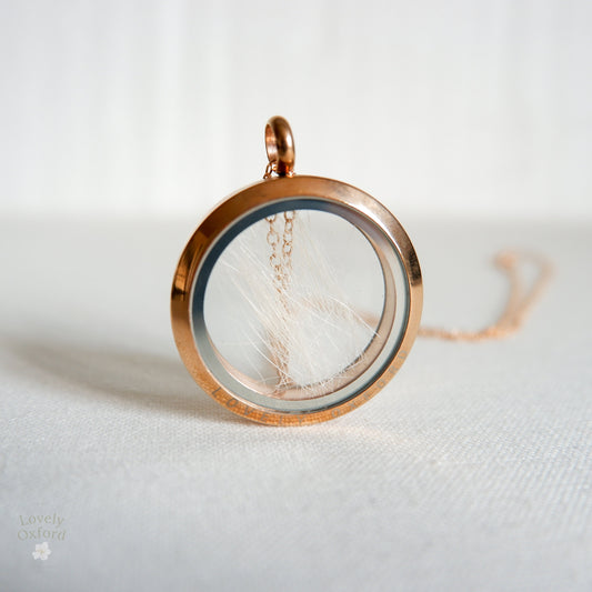 Pet Loss Memorial Locket with Dog Hair – A custom memorial locket holding a lock of dog hair inside, elegantly suspended on a necklace.