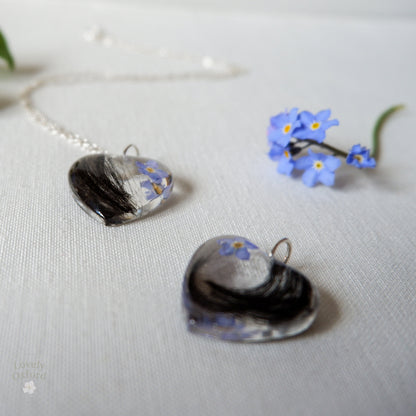Pet Fur Memorial Locket with Forget-Me-Not Flower - Heart Keepsake Necklace - Horse Hair Jewellery UK