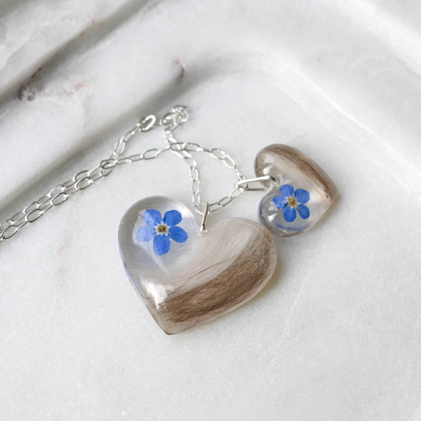 Pet Fur Necklace Set: Small & Big Heart Pendants (18mm and  24mm) | Memory necklace with forget-me-not flower | Fur keepsake set with resin