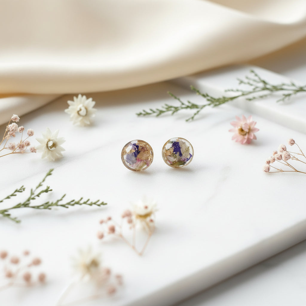 Round earrings with floral embedded stones on a white background