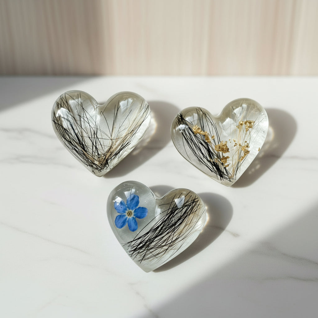 A collection of heart-shaped resin paperweights with integrated natural elements, including what appears to be pet hair and a blue flower.