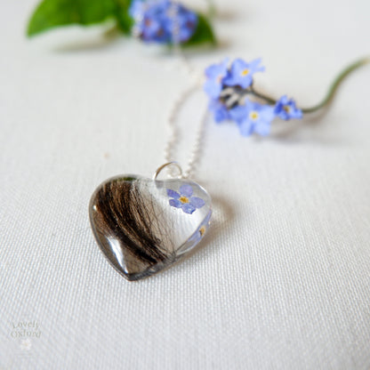 Pet Fur Memorial Locket with Forget-Me-Not Flower - Heart Keepsake Necklace - Horse Hair Jewellery UK