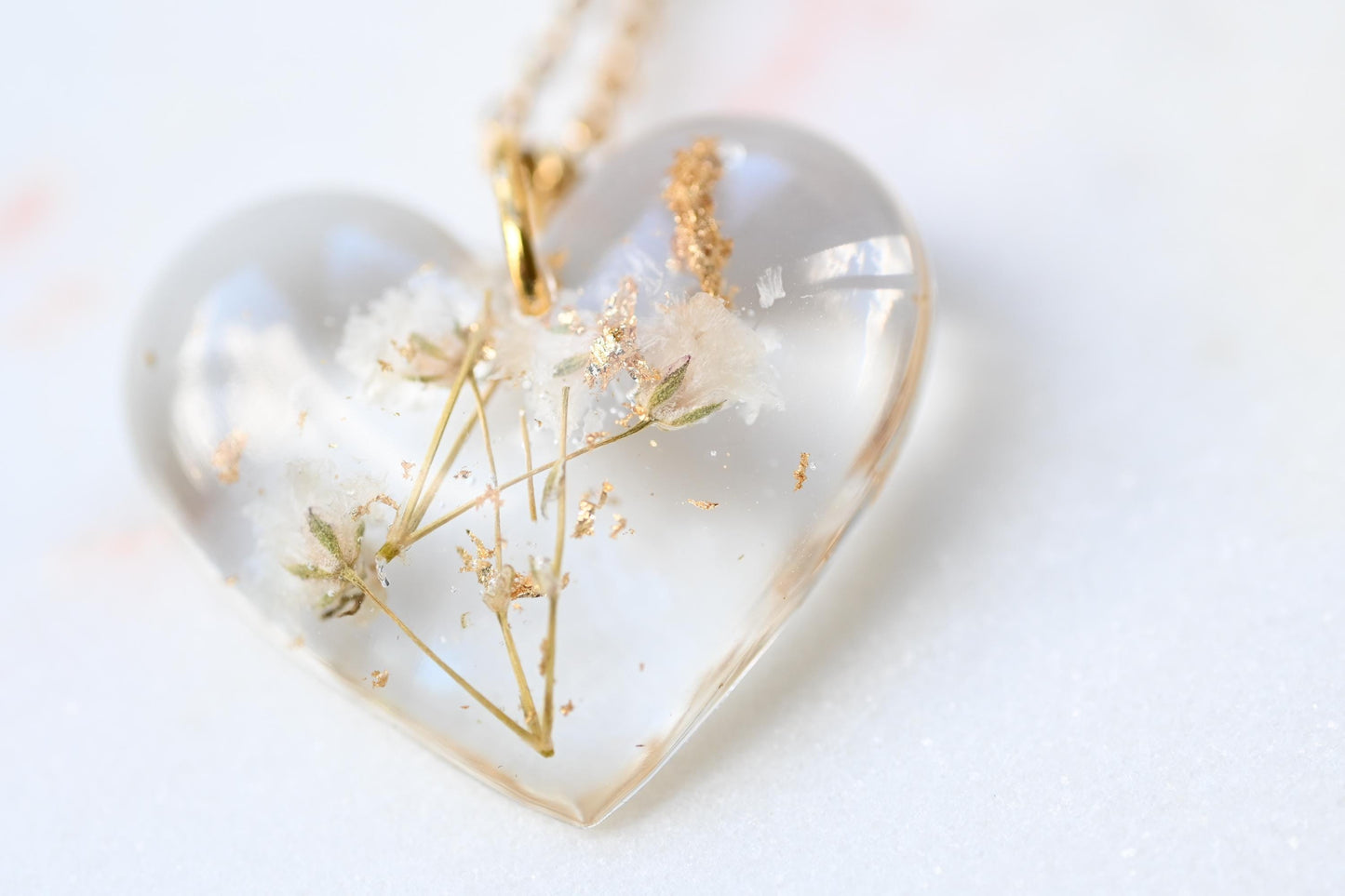 Resin Heart Pendant with Baby's Breath & Gold, Silver, or Rose Gold Flakes – Stainless Steel Chain, Handmade Jewellery, Perfect Gift for Her