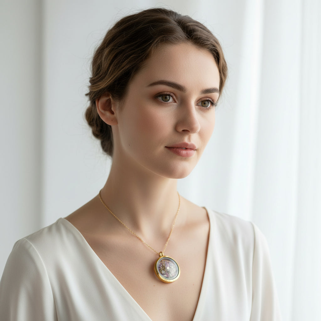 Gold pendant with dried flowers and 'LOVELY' text on a light background