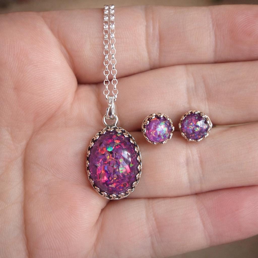 Purple Opal Pendant & Stud Earrings Set – Handmade Opal Jewellery – Sterling Silver Necklace and Studs – Gift for Her