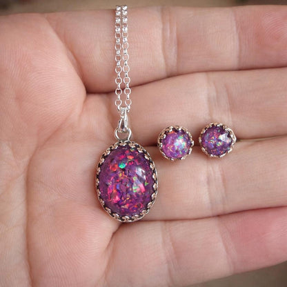 Purple Opal Pendant & Stud Earrings Set – Handmade Opal Jewellery – Sterling Silver Necklace and Studs – Gift for Her