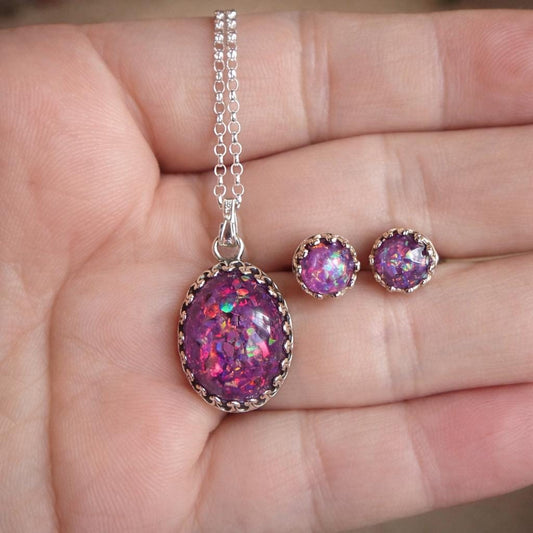 Purple Opal Pendant & Stud Earrings Set – Handmade Opal Jewellery – Sterling Silver Necklace and Studs – Gift for Her