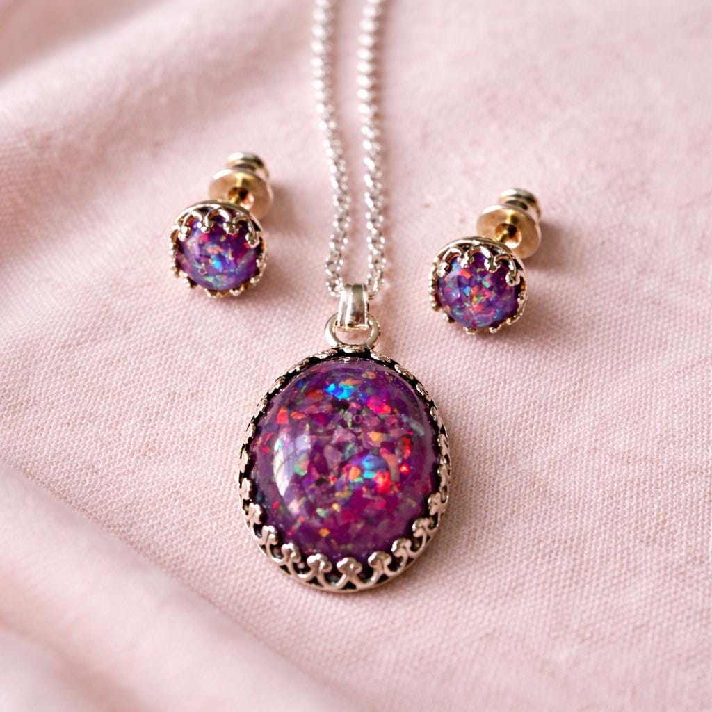 Purple Opal Pendant & Stud Earrings Set – Handmade Opal Jewellery – Sterling Silver Necklace and Studs – Gift for Her
