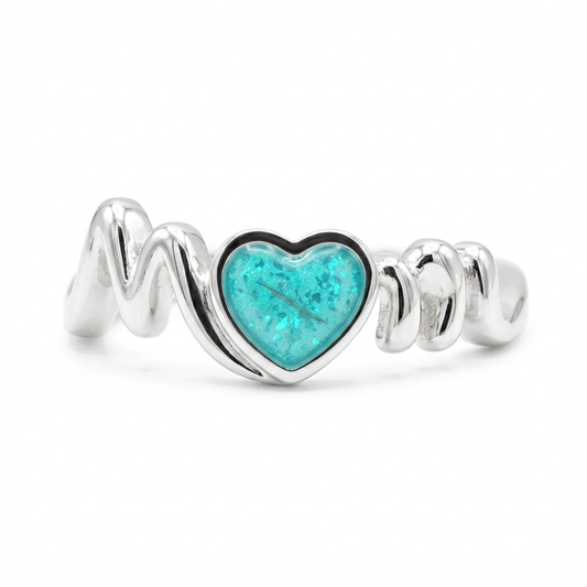 Illustrative Mum or Mam 925 Sterling Silver memorial ring with turquoise mica and aqua opal flakes in the central heart