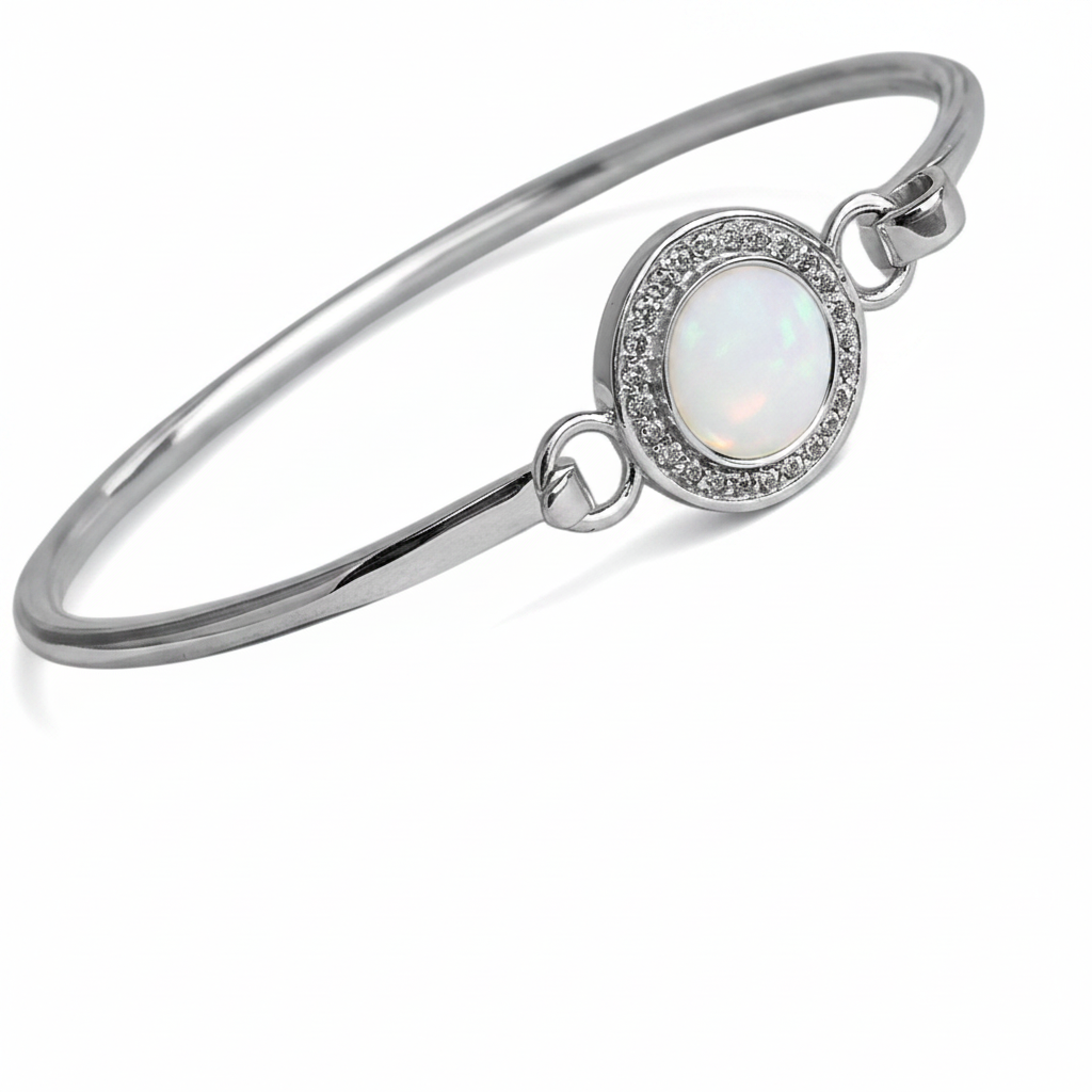 Halo CZ hook clasp silver bangle with white pearl opal resin in oval bezel, white background