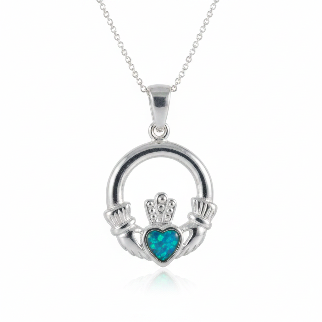 Silver 925 Claddagh memorial pendant with blue teal opal flakes inclusion