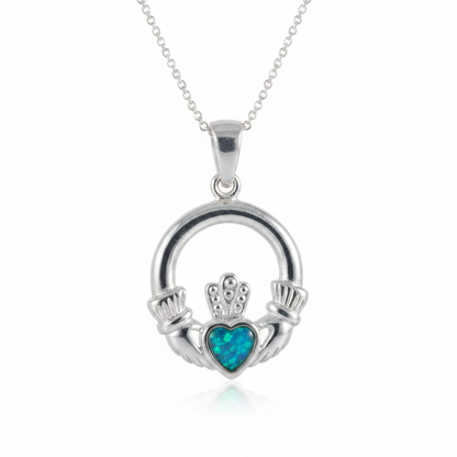 Silver 925 Claddagh memorial pendant with blue teal opal flakes inclusion