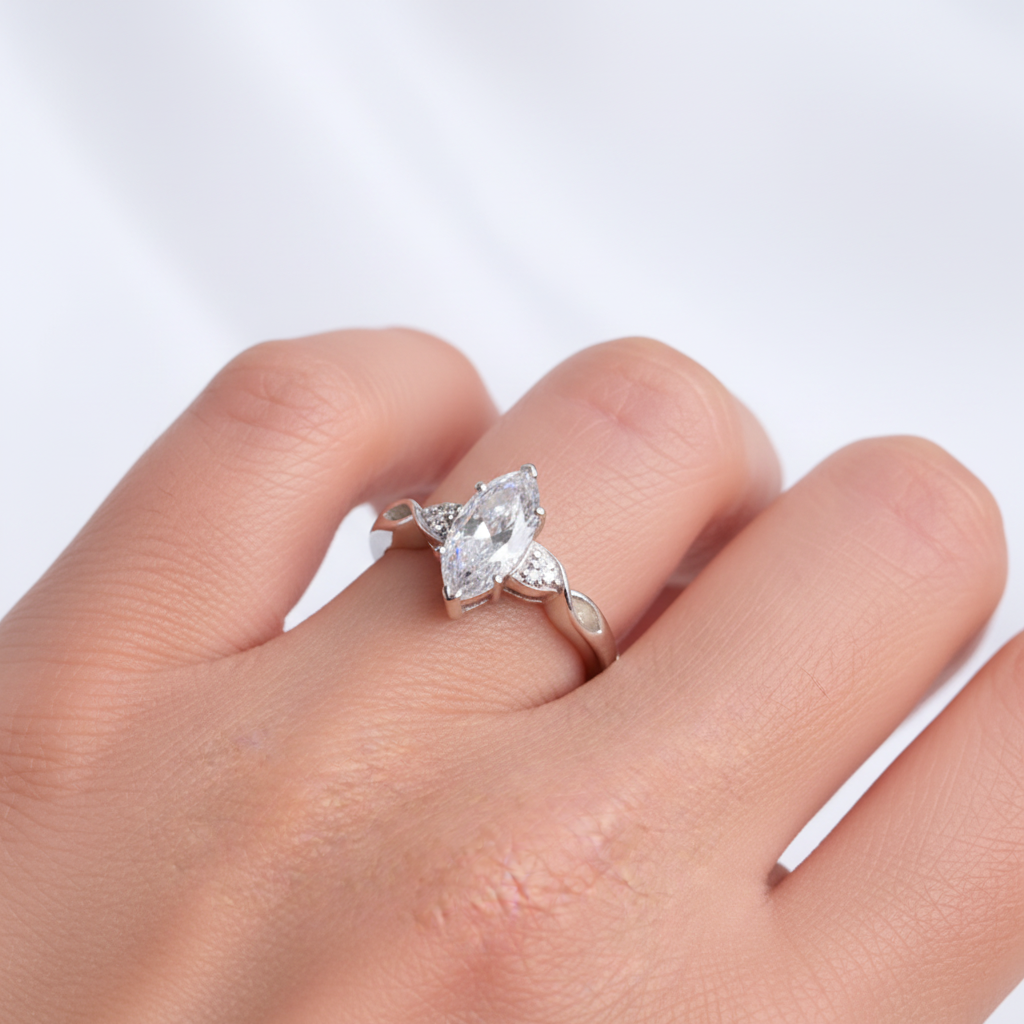 Statement marquise CZ 925 silver ring — lifestyle model shot on hand