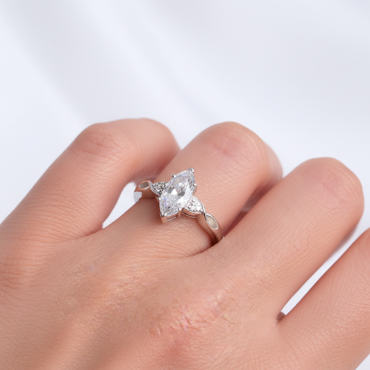 Statement marquise CZ 925 silver ring — lifestyle model shot on hand
