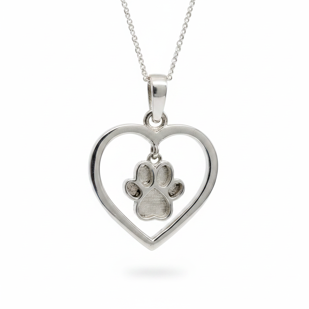 Heart Dangle Paw 925 Silver Memorial Pendant — plain silver on white background