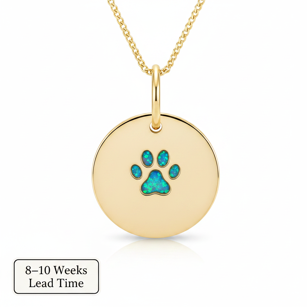 9ct Gold Round Paw Print Disc Pendant — blue teal opal resin inside paw print, white background