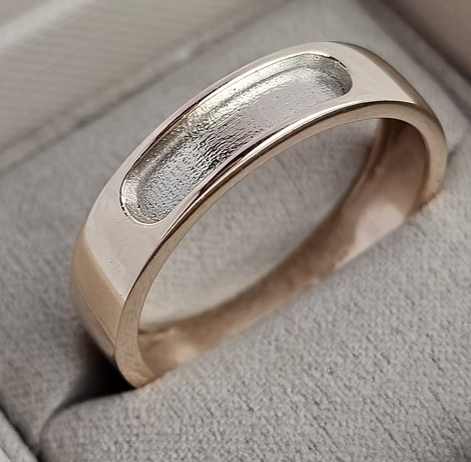 9ct white gold 6mm rounded front face channel band ring blank in jewellery box, front view showing large oval recessed channel and polished raised borders