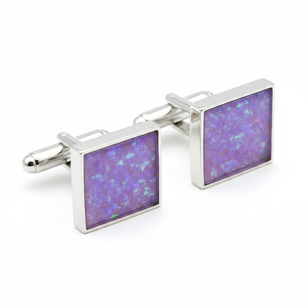 Silver 925 square cufflinks with lavender purple opal resin in 14.5mm setting on white background