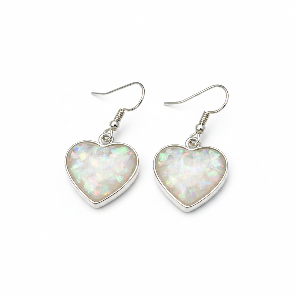 Silver 925 heart drop earrings - white pearl opal