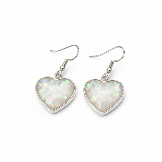 Silver 925 heart drop earrings - white pearl opal